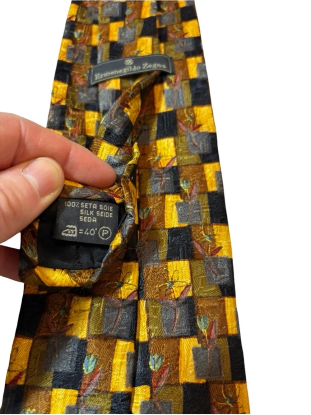 Ermenegildo Zegna Silk Tie Gold Brown Geometric Floral Made in Italy Luxury